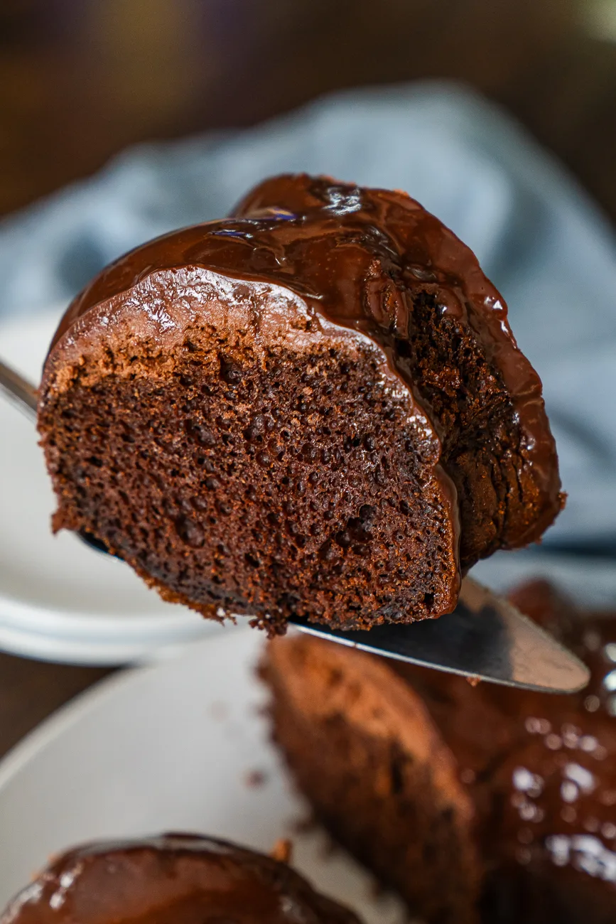 A slice of chocolate tunnel cake coated in chocolate ganache lifted on a metal cake server.